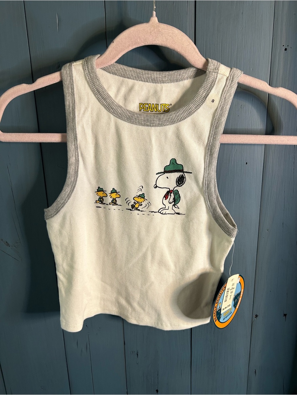 Aeropostale Peanuts Snoopy & Woodstock Tank Top - Cream with Gray Trim - Small